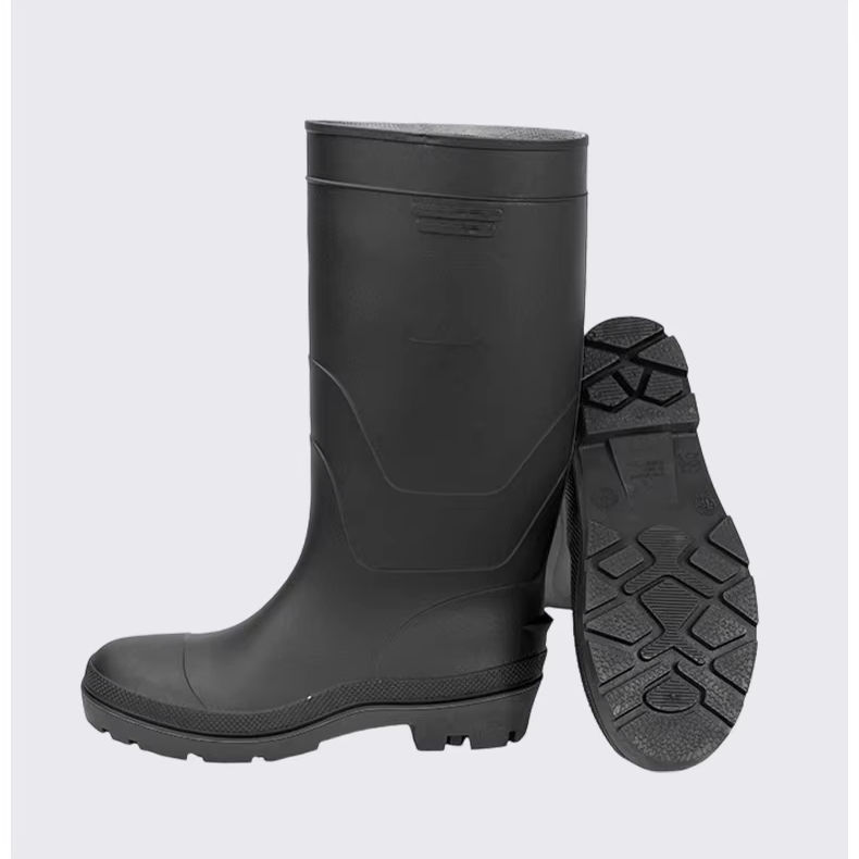 side-display-of-black-waterproof-mens-fishing-boot-paired-with-non-slip-outsole